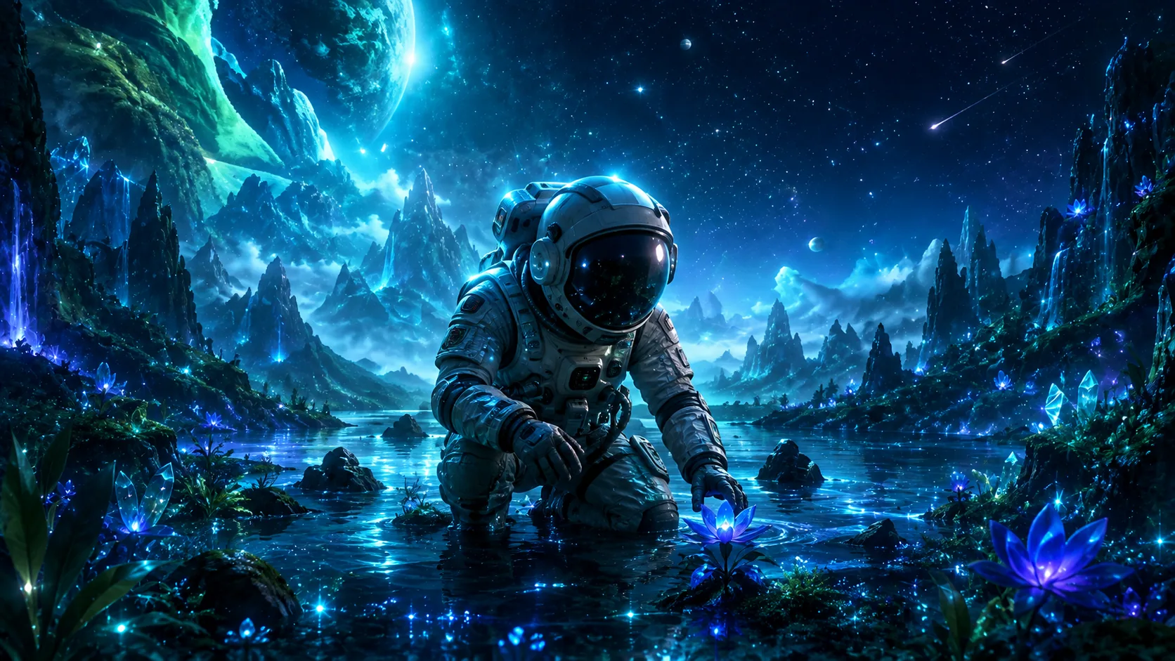 Astronaute dans un paysage vidéo généré