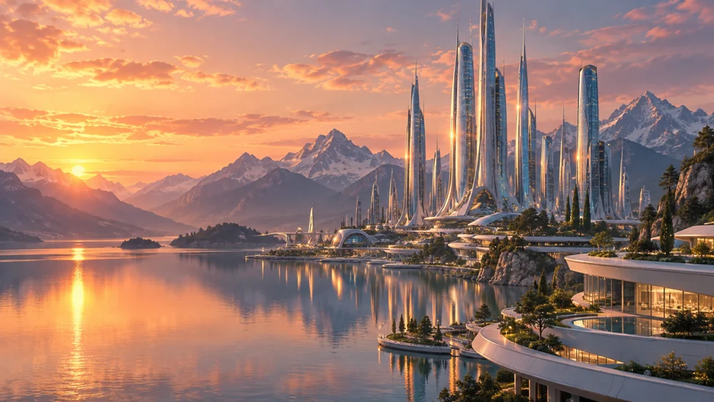 Ville futuriste au bord d’un lac au coucher du soleil